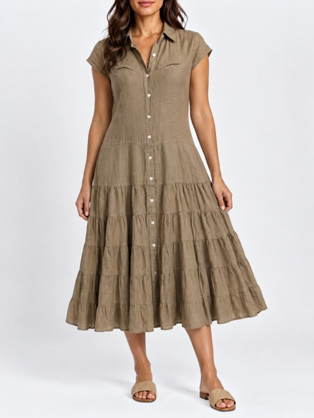 100% Linen Tiered Button Front Midi Shirt Dress Taupe Drop Waist Cottagecore S